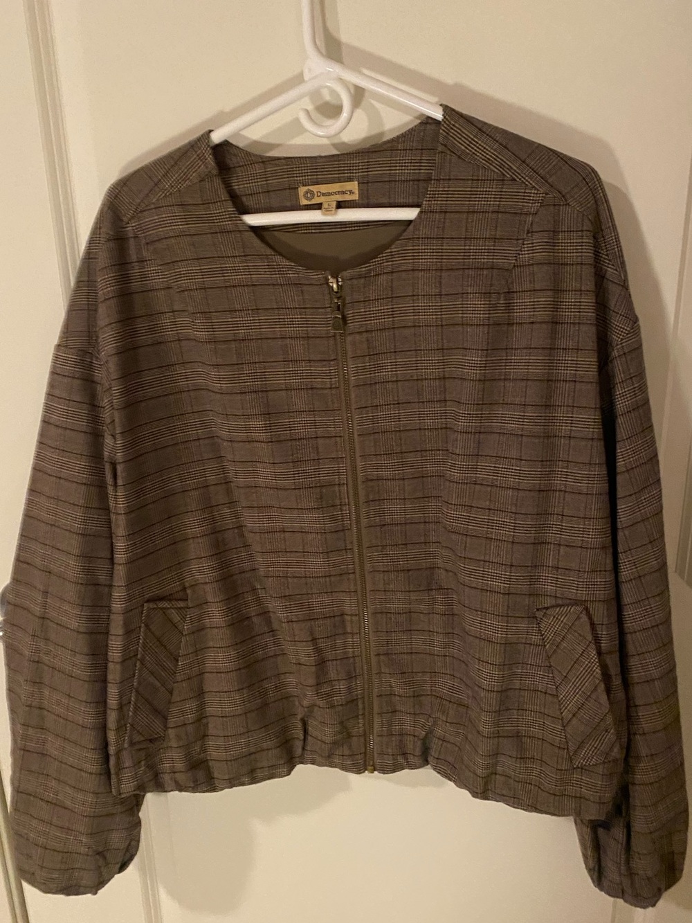 Democracy Plaid Bomber Jacket in Taupe and Black